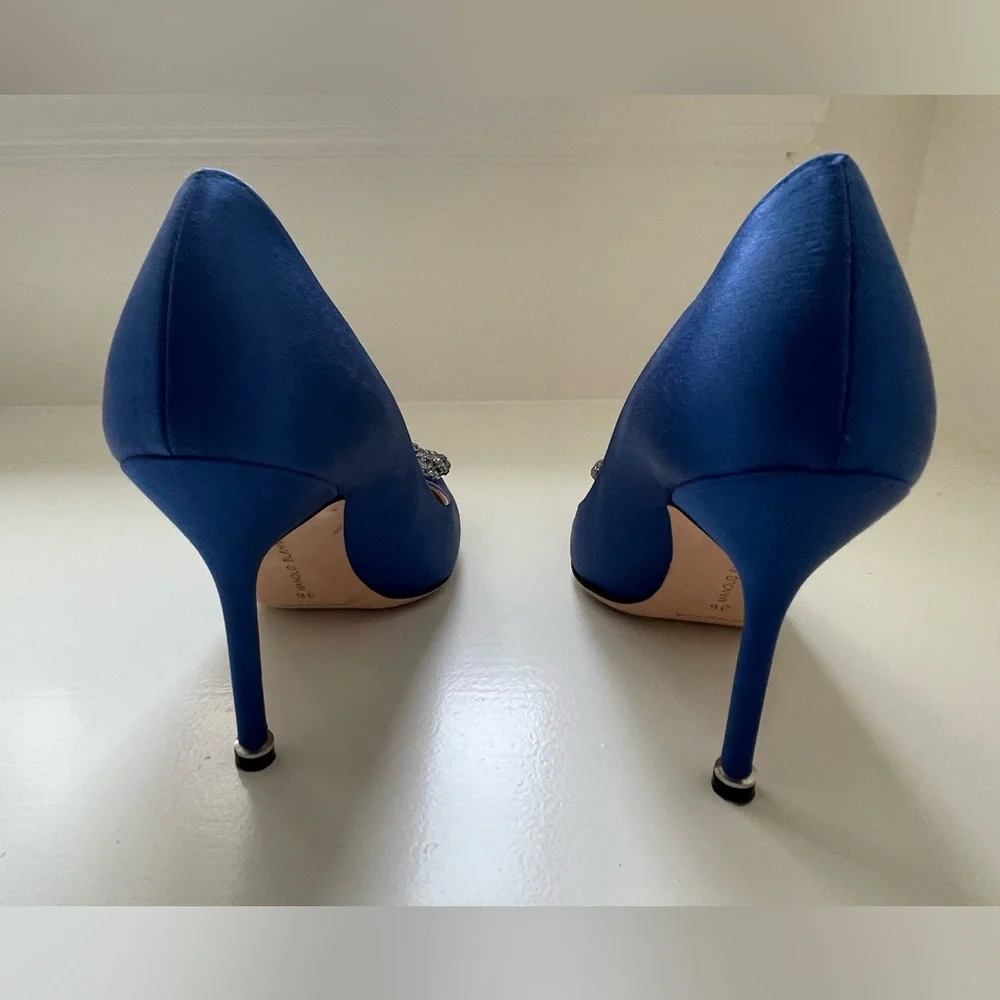 Manolo Blahnik Hangisi Blue Satin Jewel Pumps - Picture 7 of 13